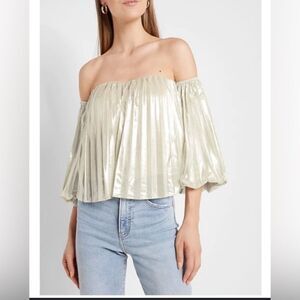 Express XL Pleated Metallic Satin Balloon Sleeve Off Shoulder Top Holiday Party